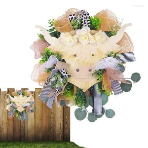 Dekorativa blommor Cow Door Hanger Highland Cattle Wreaths Farmhouse Wreath Spring Summer Garland för Festival Wall Window Porch Patio