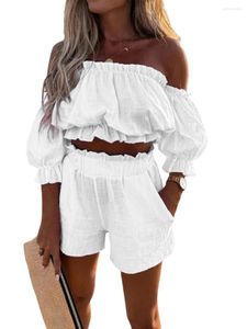 Women's Tracksuits Women Summer 2 Pieces Outfits Solid Color Off-Shoulder Short Sleeve Wrap Crops Tops And High Waist Shorts Set Casual