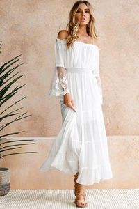 Casual Kleider Weiße Spitze Slash Neck Maxi Kleid Frauen 2023 Frühling Langarm Elegante Süße Sexy Streetwear Großhandel