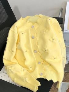 レディースニット刺繍白いニットカーディガン女性2023秋の服甘いビーズの花ルーズロングスリーブセータートップコート