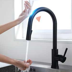 Bathroom Sink Faucets Black Smart Touch Kitchen Crane For Sensor Water Tap Mixer Rotate Faucet 1005 230616