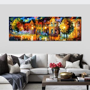 City Life Landscape Canvas Art The Reflection of The Night Hand Painted Kinfe Painting for Hotel Wall Modern