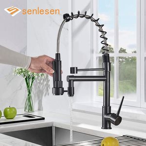 Bathroom Sink Faucets Senlesen Black Spring Pull Down Kitchen Faucet Deck Mounted 360°Swivel Dual Spout Cold Mixer Crane Tap 230616