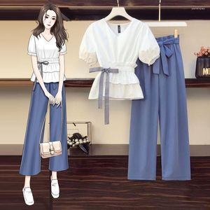 Women's Two Piece Pants 2023 Summer Women Suits Female Irregular V-neck White Blouse Wide Leg Sets Ladies 2 Womens Outfits Q26