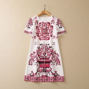 2023 Summer Red Paisley Print Beaded Cotton Dress Short Sleeve Round Neck Rhinestone Loose Straight Knee-Length Casual Dresses S3L150615