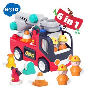 Model Diecast Hola Baby Learning Fire Truck Toys Montessori Development Engine Toy z światłami i dźwiękami dla malucha 18 miesięcy 230617