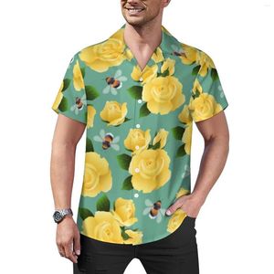 Men's Casual Shirts Flying Bees Loose Shirt Man Beach Yellow Roses Print Hawaiian Pattern Short Sleeves Stylish Oversized Blouses