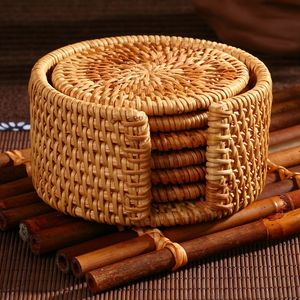 Paspaslar 6pcs Kungfu Çay Aksesuarları için Set Set Yuvarlak Sofra Placemat Yemek Mat Rattan Dokuma Kupa Pad Çapı 8cm 230616