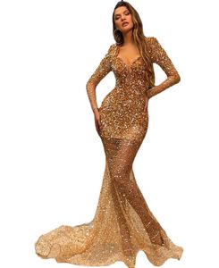 Vlora Kaltrina Evening Dresses V Neck Long Sleeves Lace Sequined Prom Gowns Customized Sweep Train Mermaid Special Occasion Dress