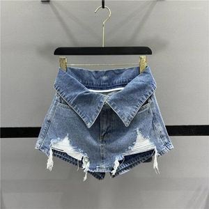 Kvinnors shorts trend oregelbundet hål lapptäcke blå korta jeans kvinnor hög midja smal manschett bred ben 2023 sommar kvinnliga kläder