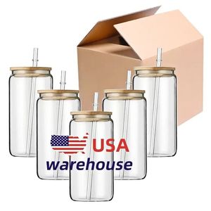 US CA Warehouse STOCK! 16oz Sublimation Glass Beer Mugs with Bamboo Lids and Straw Tumblers DIY Blanks Cans Heat Transfer Iced Coffee Cups Mason Jars