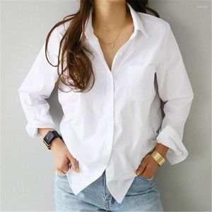 Blusas Femininas Branca Camisa Feminina Moda Manga Comprida Casual Gola redonda Blusa Feminina Bolso Solto Botão Escritório Senhoras Elegante Tops