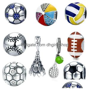 Silber 925 Sterling Silber Fußball Fußball Perlen Blau Kristall Sport Volleyball Charms Für Europäische Armbänder Halskette Diy Schmuck Acce Dhgec