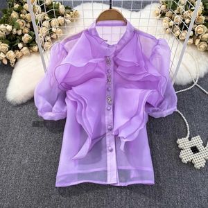 Camicette da donna Temperamento Moda Estate Balze a strati da donna Organza Camicia Top Puff Manica corta Monopetto Chiffon viola