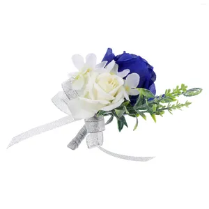 Flores decorativas Flor Corsage Pulseira Noiva Casamento Dama de Honra Pulso Conjunto Boutonniere Azul Royal