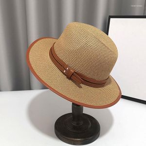 Breda brim hattar mode dubbelbälten brittisk topp hatt sommarlovet panama strand jazz sol skuggning fedora halm