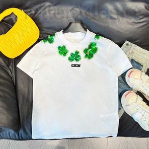 女性のパーカースウェットシャツデザイナー甘いスタイル半袖Tシャツ23春の新しいレターステッカーステープルビーズウォーターダイヤモンドスパンコールフラワーラウンドネックトップ