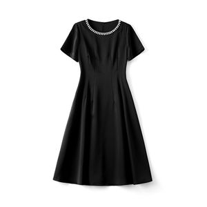 Vestido verão 2023 preto cor sólida com contas manga curta decote redondo Midi vestidos casuais W3L041303