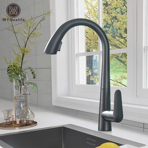 Banyo Lavabo muslukları Siyah Mutfak Musluğu İki Fonksiyon Tek saplı Çeken Mikser ve Soğuk Su Muslukları Güverte Monte 360 ​​Döndürme Tap 230616