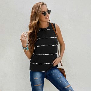 Women's striped print sleeveless top pullover Crew Neck waistcoat off shoulder t shirts