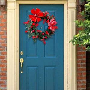 Coroa de flores decorativas para porta de Natal vermelho laço verde guirlanda 45 cm para interior e exterior