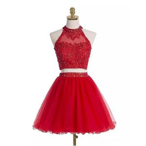 Two Pieces Red Short Homecoming Dresses Beaded Crystal Vestidos de Festa Mini A-line Party Prom Cocktail Party Gown