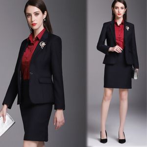 Tvådelad klänning Korean Autumn Formal Ladies Navy Blue Blazer Women Business Suits With Set Work Wear Office Uniform stor kjoljacka 230617