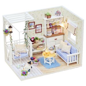 Arkitektur Diy House SweetBee Diy Miniature Kit Trädockor med möbler LED -lampor för barn Födelsevift 230617