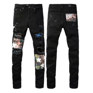 Mens Denim Jeans Preto Calças Rasgadas Moda Skinny Estilo Quebrado Bicicleta Motocicleta Rock Revival Jean