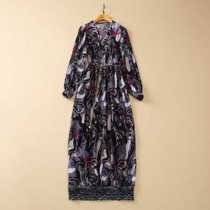 2023 Summer Paisley Print Chains Belted Chiffon Dress Lantern Sleeve Lapel Neck Panelled Long Maxi Casual Dresses S3L150615