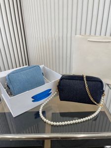 Bolsa feminina de grife não pode pagar a bolsa de ombro de pérola de tecido denim bola com corrente de metal pode cruzar o corpo bolsa de maquiagem leve e fácil de combinar