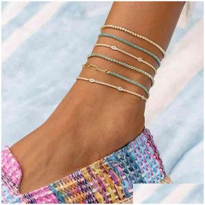 Anklets högkvalitativa sommarstrandstilar asfalterade klara blå CZ Evil Eye Charm Foot Anklet 2mm Tennis Link Chain Jewely for Wo Dhgarden Dhbzh