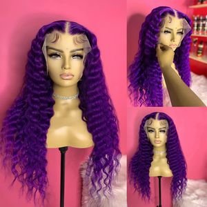 Spetsspår Fanxition Dark Purple Wig Long Water Wave Syntetisk front för kvinnor Värmesbeständigt Fiber Hair Cosplay Costume Party 230617