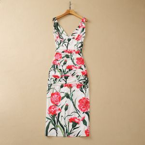 2023 Summer Carnation Print Ruched Paneled Dress Sleeveless V-hals Floral Split Midi Casual Dresses S3L150615