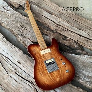 Acepro Brown Burst Chitarra elettrica Manico in acero tostato Top in acero spalted in mogano in 2 pezzi Intarsi in abalone Hardware cromato