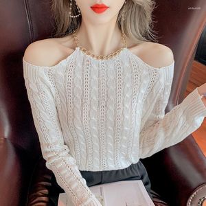 Damenpullover 2023 Herbst koreanischer Stil ausgehöhlter schlanker Bodenbildungshemdpullover Top ein Wortkragen langärmeliger einfarbiger Pullover