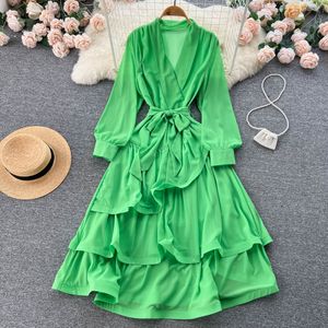 Autumn Women A Line Yellow Casual Dresses Hollow Out Midi Dress Elegant V-Neck Puff Short Sleeve High Waist Party Robe Female Vestido 2023