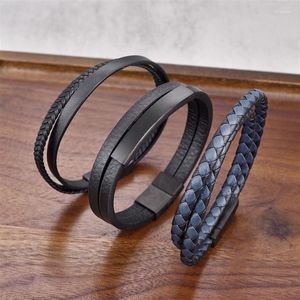 Charm-Armbänder, einfacher Stil, Herren-Armband aus echtem Leder, klassischer Edelstahl, doppelschichtige Geflecht-Armreifen für Männer, anpassbar