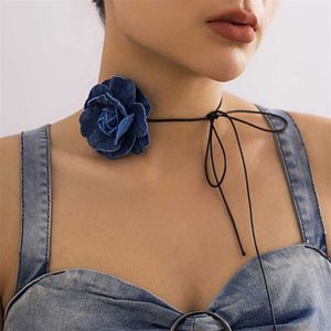 Pendant Necklaces Lace Up Rope Chain with Blue Denim Fabric Flower Choker Necklace for Women Trendy 2023 Fashion Jewelry on Neck Accessories Gifts 230613