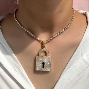 Pendant Necklaces Iced Out Luxury Crystal Lock Tennis Chain for Women Men Cuban Link Choker Necklace Punk Hip Hop Jewelry 230613