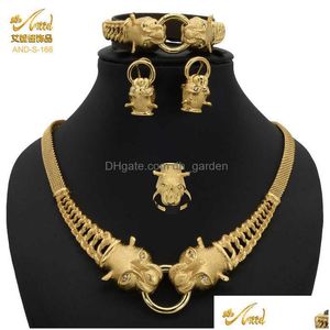 Bracelet Earrings Necklace Aniid Dubai Gold Jewelry Sets For Women Big Animal Indian Jewelery African Designer Ring Earri Dhgarden Dhqsv