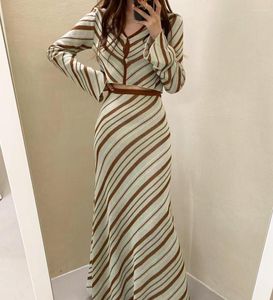 Work Dresses Fall Winter Korean Temperament Stripe Knitted Two Piece Set Women Flare Sleeve Short Cropped Top High Waist Long Skirts Suit