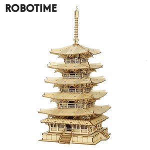 3D -pussel Robotime Rolife 275st Diy Fivestoried Pagoda Träpusselmontering Konstruktör Toy Gift for Children Teen Vuxen TGN02 230616
