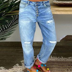 Jeans Feminino Feminino Azul Solto com Seio Único Rasgado Calça Reta Casual Estilo de Rua Tamanho Grande Cintura Alta Mom Denim