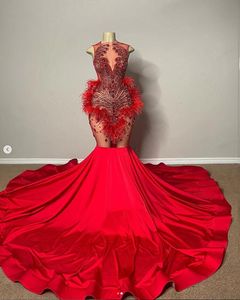 Red Sparkly Mermaid Prom Queen Birthday Dresses Sheer Mesh Stain Gillter Crystal Beaded Black Girl Evening Occasion Gown