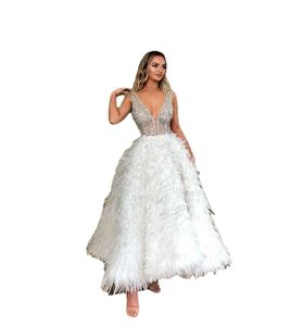 Ball Gown Evening Dresses Tulle With Glittle And Feather Prom Dress V Neck Special Occasion Dresses