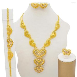Necklace Earrings Set Dubai Gold Color Ornament For Women Long Bracelet Ring African Wedding Wife Gifts Jewelery