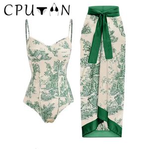 Women's Swimwear CPUTAN Vintage Green Women Swimsuit Skirt Monokini Swimwear Cover Up Bikini Set Push Up Print Beach Dress Summer 230616