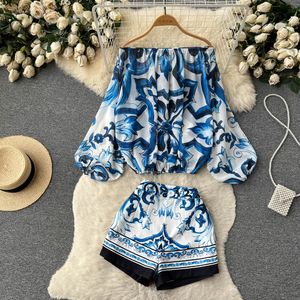 Two Piece Dress Summer Blue and White Porcelain Print Off Shoulder Blouse Tops + High Waist Shorts Suit Runway 2 Pieces Set for Women 2023