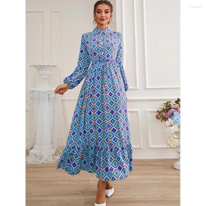 Ethnic Clothing High Waist Blue Bubble Sleeve Long Dress National Retro Chinese Style Spring Autumn Print Dresses Abayas For Women Turkish